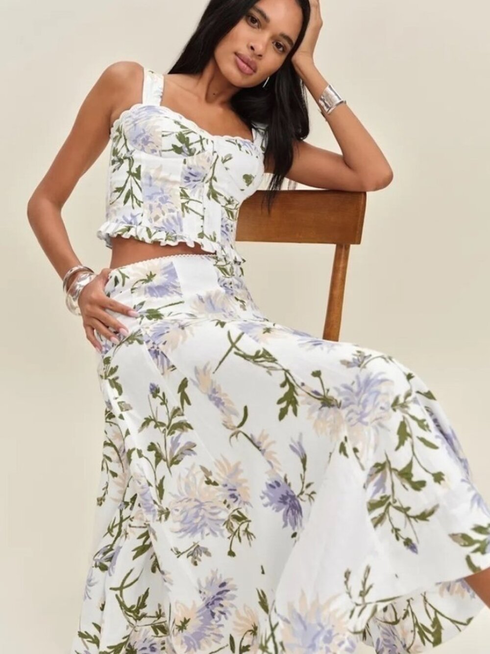 NEW Reformation Anatolia Linen Corset Two Piece Serenity White Floral US 2 UK 6